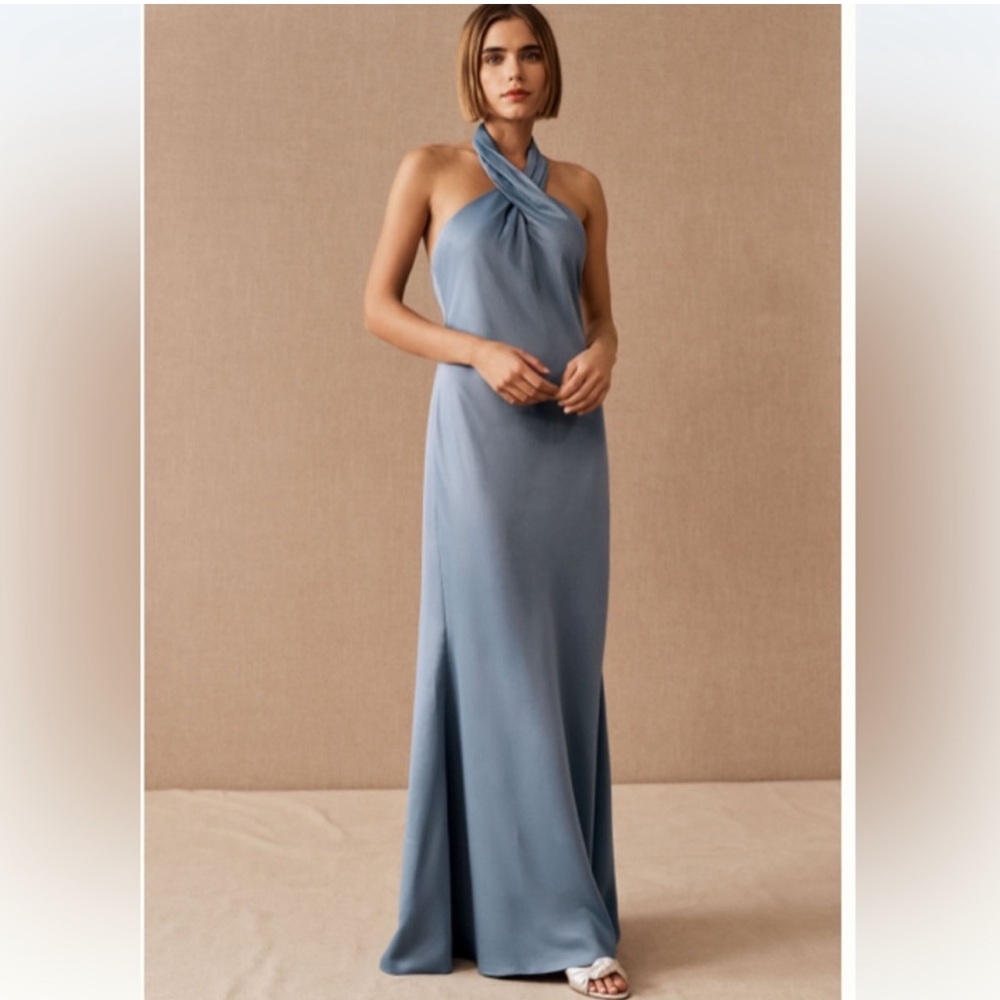 BHLDN Anthropologie Satin Halter Dress in Dusty Blue